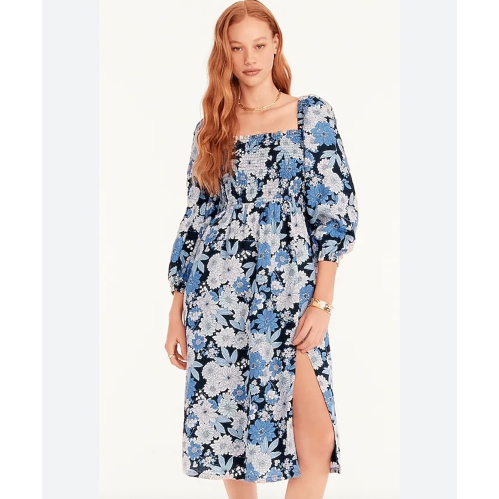 J Crew blue linen daydream zinnia floral smocked 3/4 sleeve dress L Tall - Picture 15 of 15